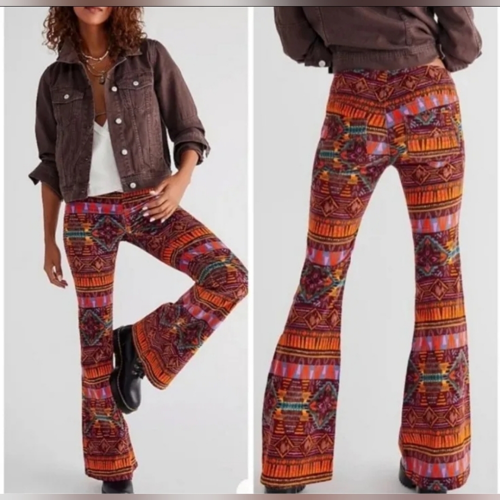 Free People, We The Free, Pull on Micro Corduroy Flair Pants,Boho Print, Size 27